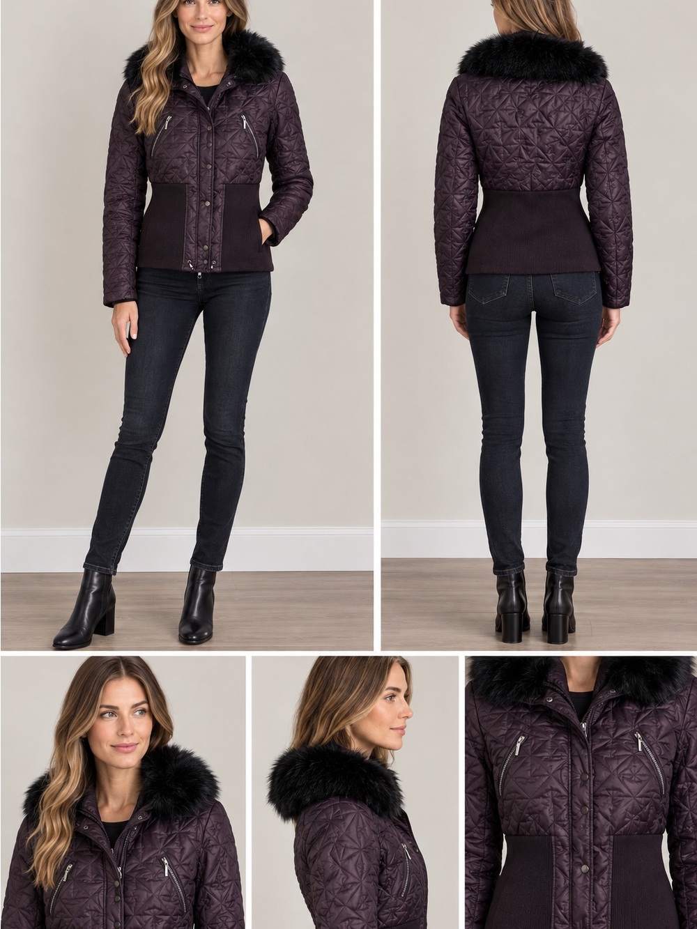 Tall Women's Quilted Purple Jacket with Faux Fur Collar Sz Medium Tall